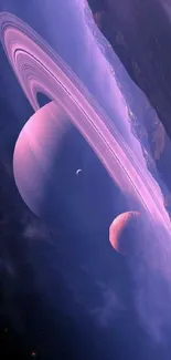 Violet space art featuring Saturn and moons with stunning rings.