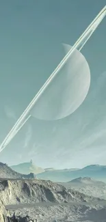 A surreal view of Saturn's rings over an extraterrestrial landscape for mobile screens.