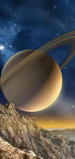 Stunning Saturn wallpaper with rings set against a dark blue cosmic sky.