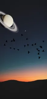 Saturn with sunset sky and birds mobile wallpaper