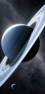 Saturn with its rings in space, dark cosmos backdrop.