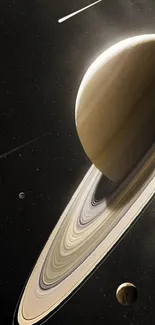 Saturn with its rings set against a starry sky in a mobile wallpaper.