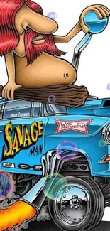 Savage Man cartoon driving a blue muscle car.