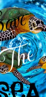 Colorful sea turtle swimming in vibrant ocean waves with a conservation message.