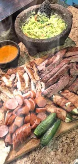 Delicious BBQ feast with various grilled meats and sides on a wooden board.