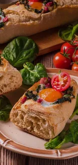 Savory bread with colorful vegetable toppings on a plate.