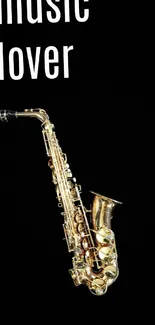 Mobile wallpaper with saxophone and 'music lover' text on a black background.