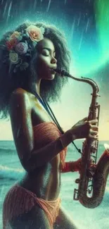 Woman plays saxophone by ocean under aurora.