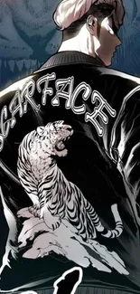 Scarface jacket with white tiger design on dark gray background.