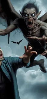 Terrifying mythical creature attacks a scared man in dark clouds.