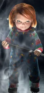 Terrifying doll holding a club in a misty, eerie setting for mobile wallpaper.