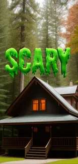 Scary text over cabin in the woods with green forest background.