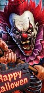Scary Halloween clown with red hair and spooky smile.