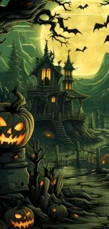 Eerie Halloween wallpaper with glowing pumpkins and haunted house.