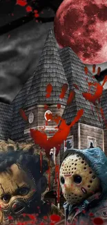 Scary haunted house with red moon and horror elements wallpaper.