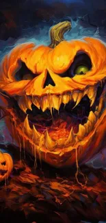 Scary carved pumpkin Halloween wallpaper with vibrant colors.