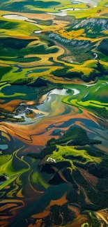 Aerial view of lush, colorful landscape with rivers and green fields.