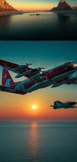 Aircraft flying over ocean at sunset with island view.