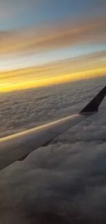 Airplane wing with sunset sky and clouds in a beautiful view.