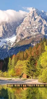 Serene Alpine lake reflecting mountains.