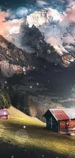 Alpine mountain landscape with cabins and snowy peaks.