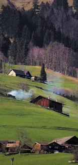 Scenic alpine village with green hills and rustic homes.