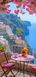 Scenic view of the Amalfi Coast with colorful blooms and ocean backdrop.