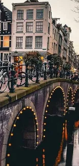 Charming Amsterdam canal view with lit bridge and bikes.