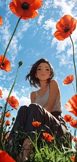 Anime girl sitting in vibrant poppy field under blue sky.