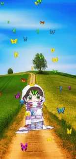 Anime character stands on green hill under blue sky.