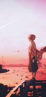 Anime character standing by sunset sea, vibrant pink hues.