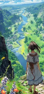 Anime character overlooks picturesque valley with river.