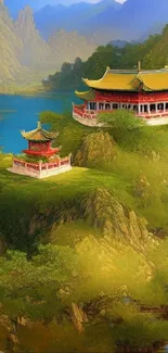 Traditional temple on a scenic mountain with lush greenery.