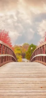 Scenic autumn bridge with colorful trees and cloudy sky.