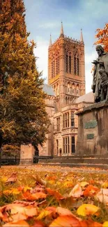 Autumn view of cathedral with statue and fallen leaves.