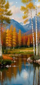 Beautiful autumn forest with river and mountains in the background.