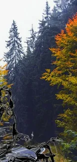 Motorcycle rider in vibrant autumn forest.