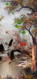 Autumn forest with birds flying over a tranquil river.