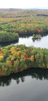 A serene lake surrounded by colorful autumn trees, showcasing nature's beauty.