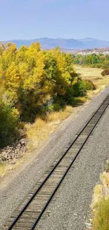 Railroad track through autumn forest and hills, perfect for nature lovers.