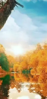 Autumn river scene with vibrant orange trees and a calm sky.