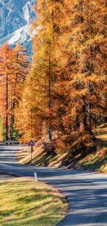 A winding road through vibrant orange autumn trees with a mountain backdrop.