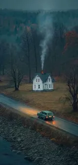 Autumn countryside scene with road, house, and car.