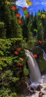 Vibrant waterfall amidst lush forest and colorful autumn leaves.