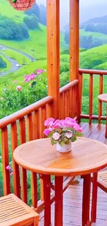 Serene balcony with a view of lush green hills and colorful flowers.