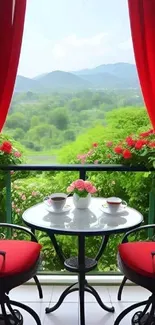 Red and green scenic balcony view with mountain backdrop.