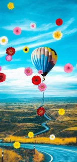 Vibrant hot air balloon floating over a scenic landscape with clear blue sky.