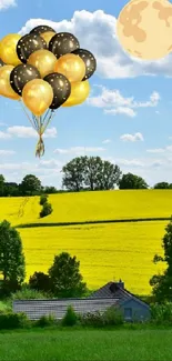 Mobile wallpaper of yellow fields with balloons and blue sky.