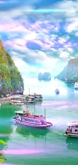 Boats sailing on emerald waters under a blue sky wallpaper.