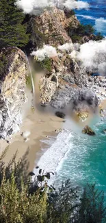 Beautiful coastal scene with cliffs and turquoise ocean waves.